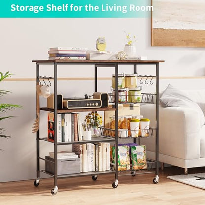 HapiRm Rolling Kitchen Microwave Cart - 4 Tier Microwave Table Stand with Pull-Out Baskets, Coffee Bar Baker's Rack with Wheels Rolling Storage Cart Organizer Shelf for Living Room Office, Balcony - color: Brown-xl