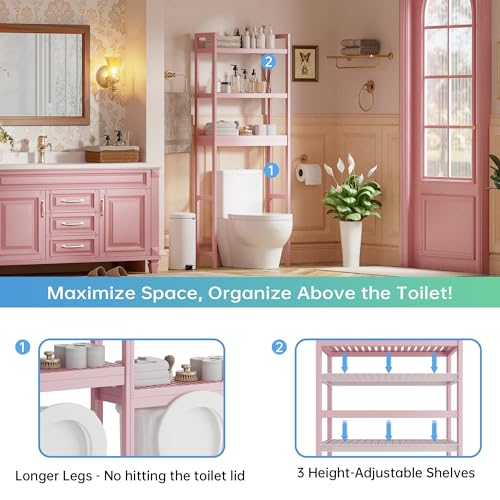 SMIBUY Bathroom Storage Shelf, Bamboo Over-The-Toilet Organizer Rack, Freestanding Toilet Space Saver with 3-Tier Adjustable Shelves (Pink) - color: Pink