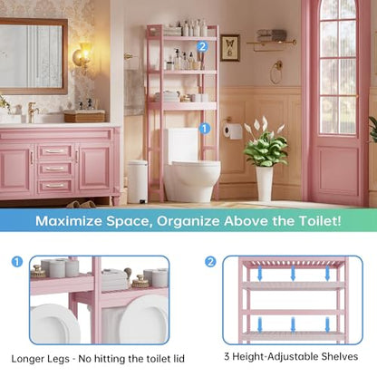 SMIBUY Bathroom Storage Shelf, Bamboo Over-The-Toilet Organizer Rack, Freestanding Toilet Space Saver with 3-Tier Adjustable Shelves (Pink) - color: Pink