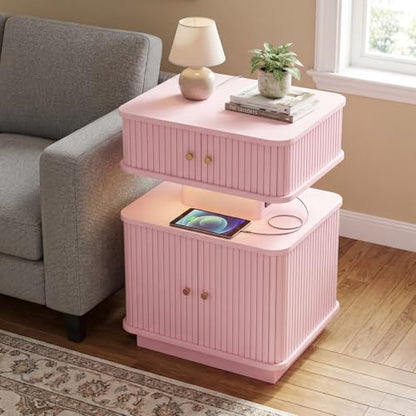 Nightstand with Charging Station, Modern Night Stand with Smart Led Light and 2 Small Sliding Door Cabinets, Curvy Edge, Bedside Table for Bedroom, Pink - color: Pink