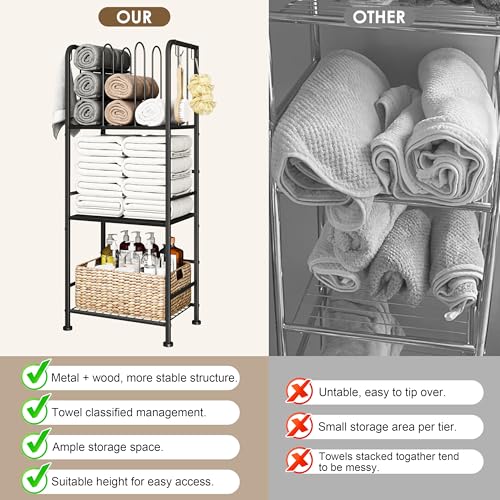 3-Tier Freestanding Cabinet Towel Rack Metal Stand, Black | M-shaped detachable dividers, three-tier versatile storage, premium anti-rust four hooks, 70 lbs heavy duty load capacity - color: Black