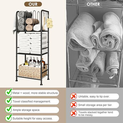 3-Tier Freestanding Cabinet Towel Rack Metal Stand, Black | M-shaped detachable dividers, three-tier versatile storage, premium anti-rust four hooks, 70 lbs heavy duty load capacity - color: Black