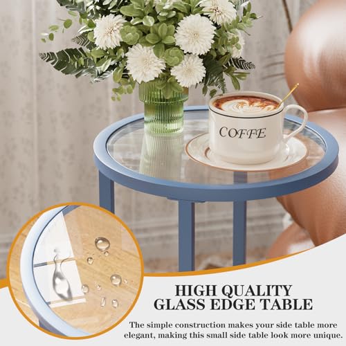 C Table Side End Table,Glass Couch Table Set of 2, Round Sofa End Table with Metal Frame, Small Snack Table for Living Room, Bedroom, Small Spaces, Easy Assembly (Blue,2pcs) - color: Blue