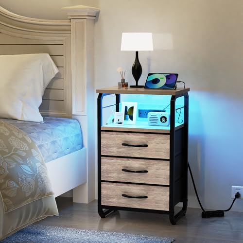 runjuly Bed Side Table with 3 Fabric Drawers, Night Stand with Charging Station, LED Nightstand with Hooks, Bedside Table End Tables with Storage, Night Tables for Bedroom (Beige) - color: Greige, style: 3 Drawers