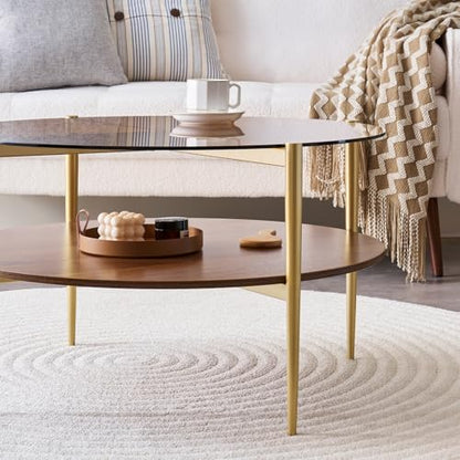 LumFurn Round Coffee Table, Mid-Century Modern Design, D30 x H17, for Living Room, 2-Tier Structure, Amber Glass Top and Walnut MDF Shelf, Sleek Conical Metal Legs with Gold Finish - color: Amber & Walnut, size: D30" Round Coffee Table