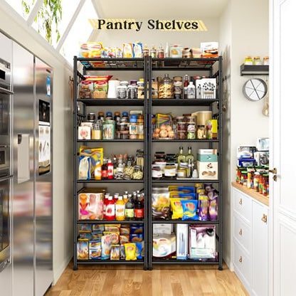 DurayLoly Storage Shelves 6-Tier Metal Shelving Unit with Hooks,Heavy Duty Garage Shelving with Leveling Feet,High Standing Shelf Organizer for Kitchen Pantry Bathroom Dorm,17.7”W×11.8”D ×72.2”H,Black - size: 17.7" W x 11.81" D x 72.2" H (6T)