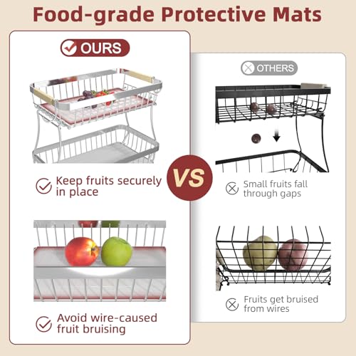 Sevenblue 2-Tier Fruit Basket with Banana Hangers, Detachable Metal Bowl | Wooden handle, protective mats included. Versatile holder for bread, snacks, and veggies. Large 2 tier metal design. - color: Silver, size: 2 Tier
