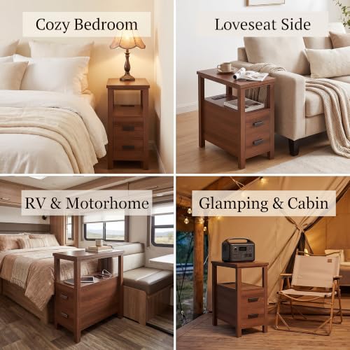 Narrow Nightstand with Charging Station, 24.4" H Slim Side Table with 2 Drawers, Bedside Table for Small Spaces, Modern End Table with Low Profile Legs (Walnut) - color: Walnut