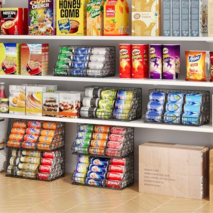 JKsmart 2 Pack Stackable Can Rack Organizer for Pantry Storage,Can Dispensers with 4 Adjustable Dividers, 2-Tier Metal Wire Basket Beverage Pop Soda Rack for Kitchen Cabinet Pantry, Black - size: L-(2 pack)