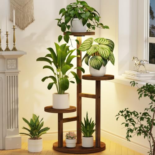 LASZOLA Wood Small Plant Stand Table Indoor Tall with Lights, 3 Tier Brown | Corner Flower Pot Holder Rack for Multiple Plants, Rustic Planter Shelf Display for Patio Garden Balcony Living Room - color: Brown with Light, size: 3 Tier