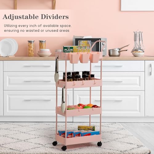 Danpinera 4-Tier Pink Slim Storage Cart, Narrow Laundry Cart with Wheels, Dividers, Hanging Cups, Hooks, Easy Assembly - style: 4 Tier Pink