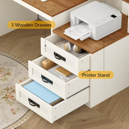 65" Farmhouse Computer Desk with Drawers and Printer Stand for Home Office | Office Desk with Power Outlets and Storage Cabinet, Study Writing Desks with Long Monitor Stand, Brown and White - color: Brown and White