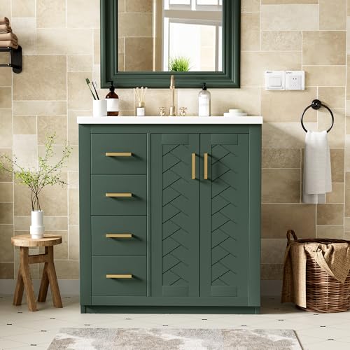 30 Inch Green Bathroom Vanity with Sink & Gold Handles,Light Luxury | with Herringbone Pattern Soft Closing Doors,3 Left Drawers,Ceramic Countertop,Solid Wood Frame,Floor-Standing with Toe-Kick - color: Green, size: 30 Inch(Left Drawers)