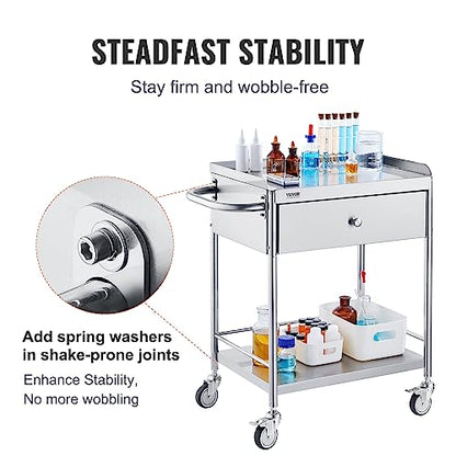 VEVOR Medical Cart, 2-Layer Stainless Steel Cart 220 lbs Weight Capacity, Lab Utility Cart with 360° Silent Wheels and a Drawer for Lab, Clinic, Kitchen, Salon - size: 2-tier with 1 drawer