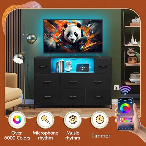 WLIVE Black Dresser TV Stand for 45, 50, 55 inch TV, Entertainment Center with LED Lights & Charging Station, Chest of Drawers with 8 Fabric Drawers and Open Shelves for Living Room, Hallway, Wood Top - color: Black