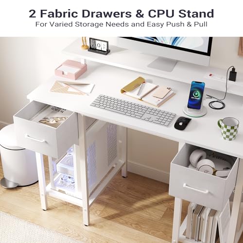 Furnify 42 Inch Computer Desk with Fabric Drawers & USB Power Outlet, White | Built-In USB Charging Station, Study Writing Table with Monitor Stand, Multifunctional Workstation for Bedroom Studyroom - color: White