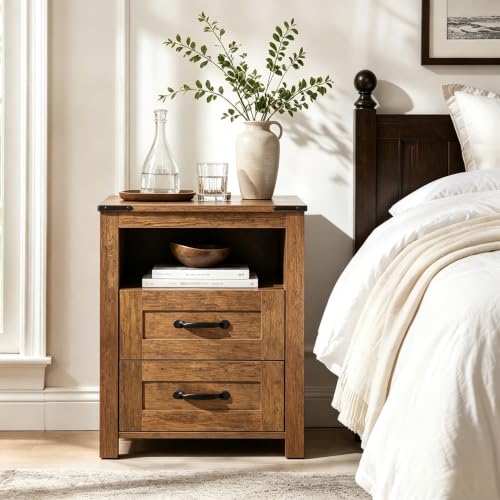 Farmhouse Night Stand, Rustic Brown Nightstand for Bedroom, End Tables with Charging Station, Bedside Table with Drawers, Wood Bedside Cabinet Dresser - color: Brown, size: 1pcs with Charging