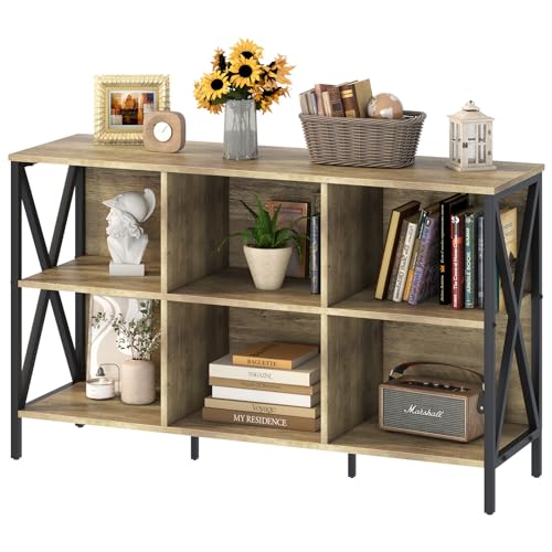 Horizontal Bookshelf Bookcase,6 Cube Storage Organizer with Open Shelf,47 Inch Industrial Low Wide Wood and Metal Cubby shelf,Long shelving unit for Home Office Living Room(Rustic Oak,6 Cube) - color: Rustic Oak, size: 6 Cube