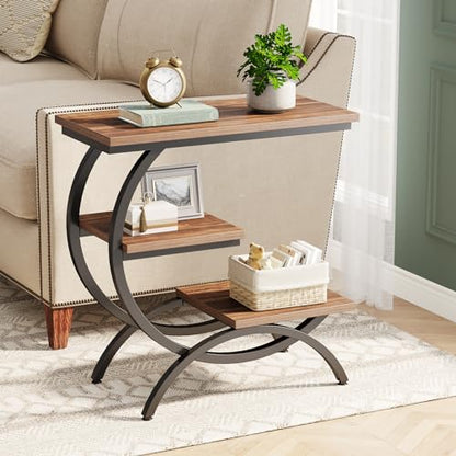 Tribesigns C-Shaped End Table Set of 2, Industrial 3-Tier Small Side Table for Couch, Wood Bedside Table Snack Side Table with Storage Shelves for Living Room Small Space, Rustic Brown - color: Rustic Brown