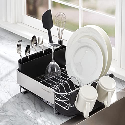 KitchenAid Compact, Space Saving Rust Resistant Dish Rack with Removable Flatware Caddy and Angled Self Draining Drainboard, 16.06-Inch, Black - color: Black, size: Compact