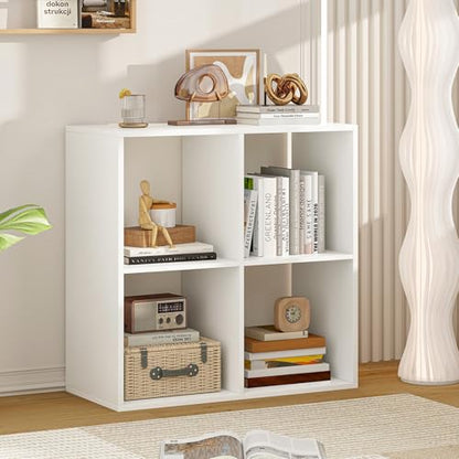 4 Cube Storage Organizer, 2 Tier Floor Standing Bookcase, Small Bookshelf for Small Spaces, Wooden Open Display Shelf for Living Room, Bedroom, Study, White Bookshelf with Open Back - size: 4 Cubes
