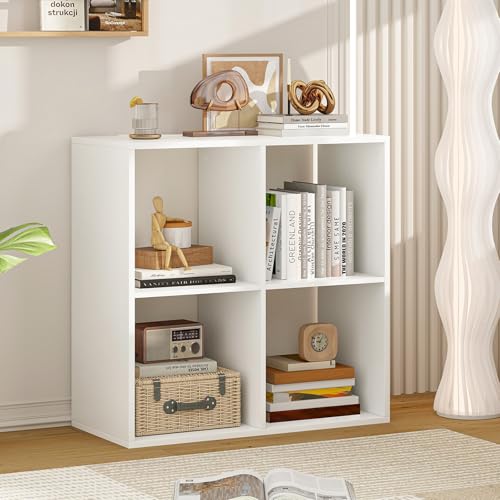 4 Cube Storage Organizer, 2 Tier Floor Standing Bookcase, Small Bookshelf for Small Spaces, Wooden Open Display Shelf for Living Room, Bedroom, Study, White Bookshelf with Open Back - size: 4 Cubes