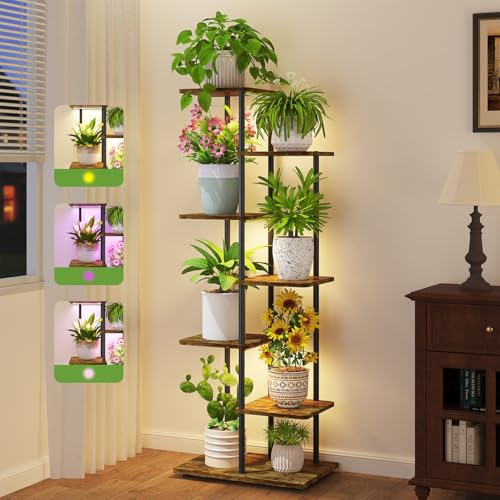 iDavosic.ly 6 Tier Tall Plant Stand Indoor with Light, Tiered Corner Metal Wood Multiple Flower Holder Shelf, 50 Inch Display Grow Rack for Living Room Bedroom, Modern Black & Rustic Brown - color: Rustic Brown with Light, size: 6 Tier