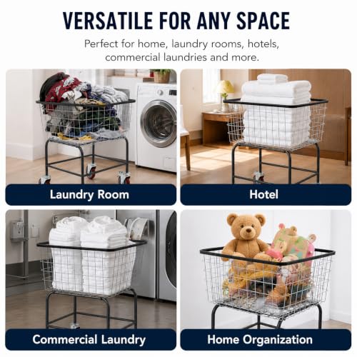 Laundry Cart,Steel Wire Laundry Cart,Laundry Basket With Wheels,Heavy Duty Commercial Wire Laundry Basket Cart for Laundry Clothes Storage Bathroom Hotel Commercial