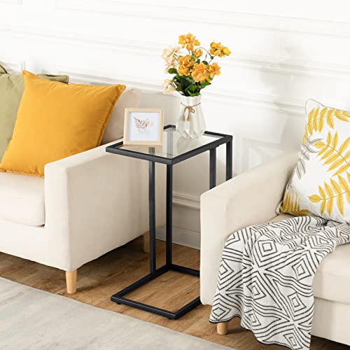 HOOBRO C Shaped End Table, Glass Side Table with Metal Frame, Black Coffee Table for Small Space, Modern Style, for Living Room, Black BK03SF01 - color: Black