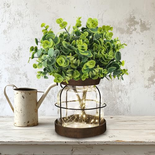 Farmhouse Rustic Glass Vases Primitive Country Lantern Coffee Dining Table Centerpiece Green Fake Artificial Eucalyptus Plants with Light Home Decor for Shelf Desk Counter Kitchen Bathroom - style: Rustic Decor