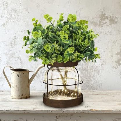 Farmhouse Rustic Glass Vases Primitive Country Lantern Coffee Dining Table Centerpiece Green Fake Artificial Eucalyptus Plants with Light Home Decor for Shelf Desk Counter Kitchen Bathroom - style: Rustic Decor