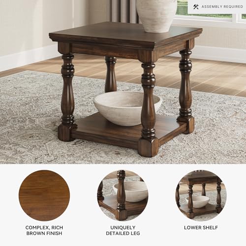 Signature Design by Ashley Sturlayne End Table, Traditional Rectangular Accent Table with Storage Lower Shelf, Hardwood Solids, Veneers, and MDF Substrates, for Living Room Couch, Dark Brown - color: Brown, style: End Table