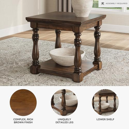 Signature Design by Ashley Sturlayne End Table, Traditional Rectangular Accent Table with Storage Lower Shelf, Hardwood Solids, Veneers, and MDF Substrates, for Living Room Couch, Dark Brown - color: Brown, style: End Table