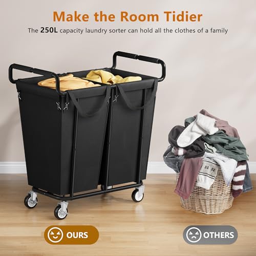 Gewudraw 2 Bag Laundry Hamper with Wheels Medium Size, 250L, Black | Rolling Laundry Basket, Steel Frame, Removable Liner, Heavy Duty Rolling Laundry Cart with Handle for Laundry Room, Bathroom - color: Black, size: 2-Section-250L