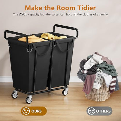 Gewudraw 2 Bag Laundry Hamper with Wheels Medium Size, 250L, Black | Rolling Laundry Basket, Steel Frame, Removable Liner, Heavy Duty Rolling Laundry Cart with Handle for Laundry Room, Bathroom - color: Black, size: 2-Section-250L
