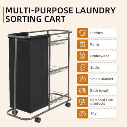 Rolling Laundry Cart with Wheels: 3-Tier Laundry Caddy Between Washer and Dryer - Heavy Duty Wrapping Paper Cart with 45L Bag for Narrow Space Laundry Room Bathroom Bedroom Black - color: Black