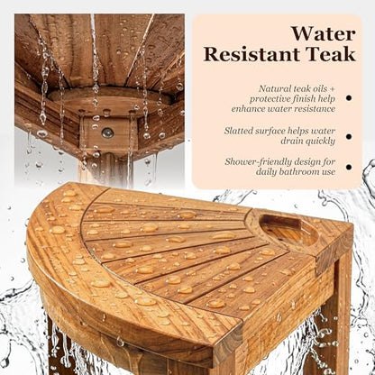 HOMESTEAD Teak Shower Stool with 2 Tier Storage Shelf, Compact Corner Shower Bench for Inside Shower, Bathroom Seat with Soap Holder, Shower Foot Rest and Shower Stool for Shaving Legs