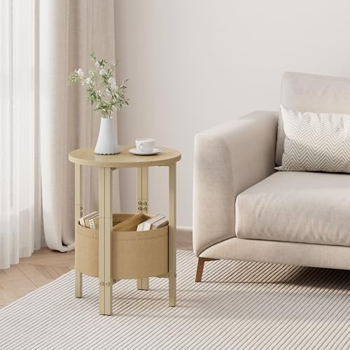 Vagusicc Small Round Side Table End Table, Tall Accent Table with Storage Basket, Set of 2 Half Round Tables Half Moon Tables, Coffee Bedside Tables, Modern Nightstand for Living Room Bedroom,Natural - color: Natural Walnut