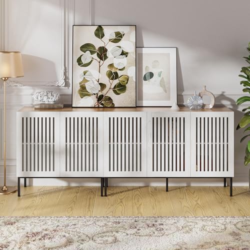 BVIUNTWO 79" Farmhouse Buffet Cabinet with Metal Base, Adjustable Shelves & 5 Doors, Antique White Storage Sideboard for Kitchen, Dining & Living Room - color: White, size: 79 Inch
