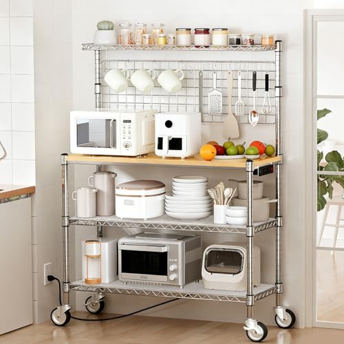 Bakers Rack with Power Outlet & Storage,36In Microwave Stand Kitchen Cart | 4-Tier Metal Kitchen Shelves Cart with Wheels & 20 S-Hooks for Kitchen, NSF Certified, 63 x 18 x 36 Inch-Chrome - color: With Power Outlet-chrome, size: 63 x 18 x 36 Inches