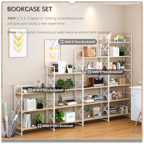 4NM 6 Tiers No Assembly Book Shelves, 61.8" H Folding Bookshelf Bookcase Open Industrial Foldable Shelves for Bedroom, Living Room, Home Office - Natural White - color: Natural White, size: XX 6-Tier