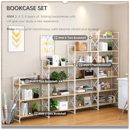 4NM 6 Tiers No Assembly Book Shelves, 61.8" H Folding Bookshelf Bookcase Open Industrial Foldable Shelves for Bedroom, Living Room, Home Office - Natural White - color: Natural White, size: XX 6-Tier
