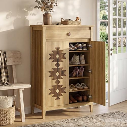 5-Tier Shoe Cabinet with Drawers, Wooden Shoe Storage Cabinet with Adjustable Shelves,Simple Tribal Style Freestanding Walnut Shoe Cabinet Suitable for Entrance,Corridor,Cloakroom,Natural（1pcs）