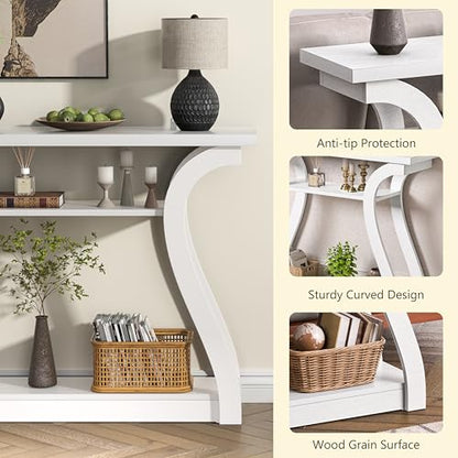 47" Wood Console Table for Entryway, Narrow Sofa Table with 3-Tier Shelves | Curved Legs Farmhouse Hallway Table, Skinny Console Table Behind Couch, Rustic Wooden Entry Table for Living Room (White) - color: White