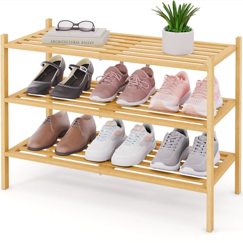 Smiry Bamboo Shoe Rack, 3 Tier Free Standing Wooden Shoe Organizer, Stackable Wood Shoe Storage Shelf for Closet, Entryway, 5 Horizontal Slats, 26.8"x11"x18.3", Natural - color: Natural, size: 3 Tier - 26.8" Wide