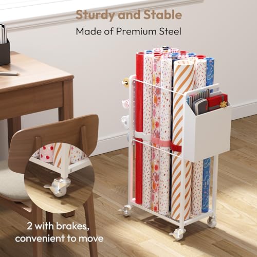 Wrapping Paper Storage Cart Station with 12PCS Slap Bands | Rolling Gift Wrap Storage Organizer, Vertical Wrapping Paper Cart, Ribbon Holder Rack, Craft Organizers and Storage Christmas