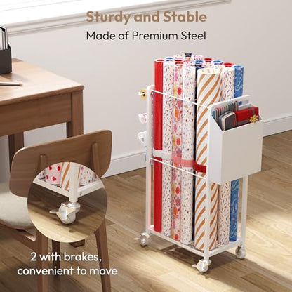 Wrapping Paper Storage Cart Station with 12PCS Slap Bands | Rolling Gift Wrap Storage Organizer, Vertical Wrapping Paper Cart, Ribbon Holder Rack, Craft Organizers and Storage Christmas
