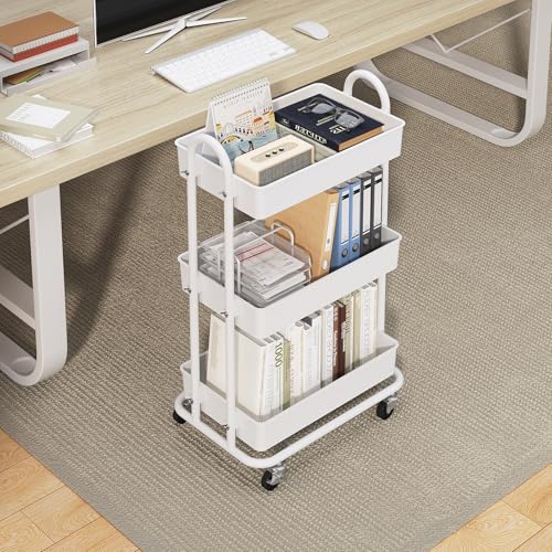 3-Tier Utility Cart with Wheels, Rolling Cart, Storage Shelves, Multi-Functional Organizer Cart for Bathroom, Office, Kitchen, White - size: No hanging baskets