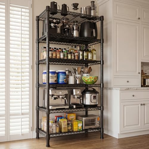 Romorgniz 6 Tier Wire Shelving,1758LBS Storage Shelves Metal Shelves for Storage Rack,74.8''H Adjustable Garage Shelving Heavy Duty Shelving Units Pantry Shelf Kitchen,74.8''HX35.5''WX18''D - color: Black, size: 74.8"H x17.72"D x 35.43"W