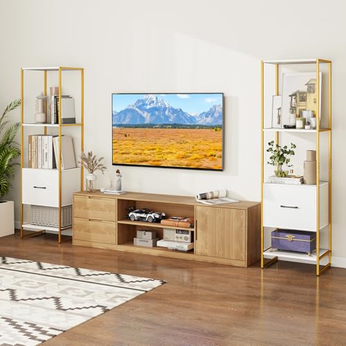 Giantex 4-Tier Bookshelf with Drawer Set of 2, Narrow Bookcase w/ 4 Open Shelves & Metal Frame, Modern Storage Organizer Shelving Unit, Freestanding Display Rack for Bedroom Living Room - color: White+gold